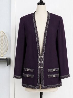 St. John Evening by Marie Gray Deep Purple Embellished Open-Front Knit Jacket 8